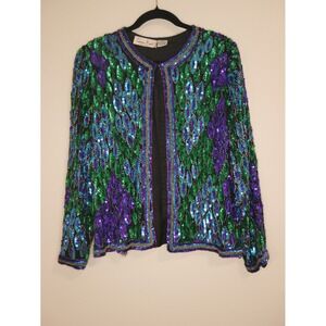 Laurence Kazar Vintage Sequin Beaded Silk Jacket Green Purple Blue Peacock L